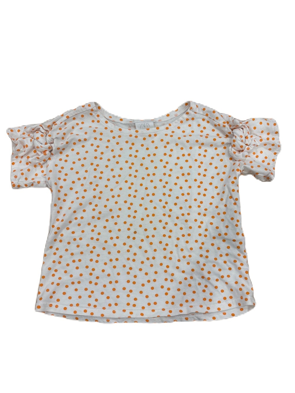 Zara Kids White Top with Orange Polka Dots and Knot Sleeve Detail - Size 5